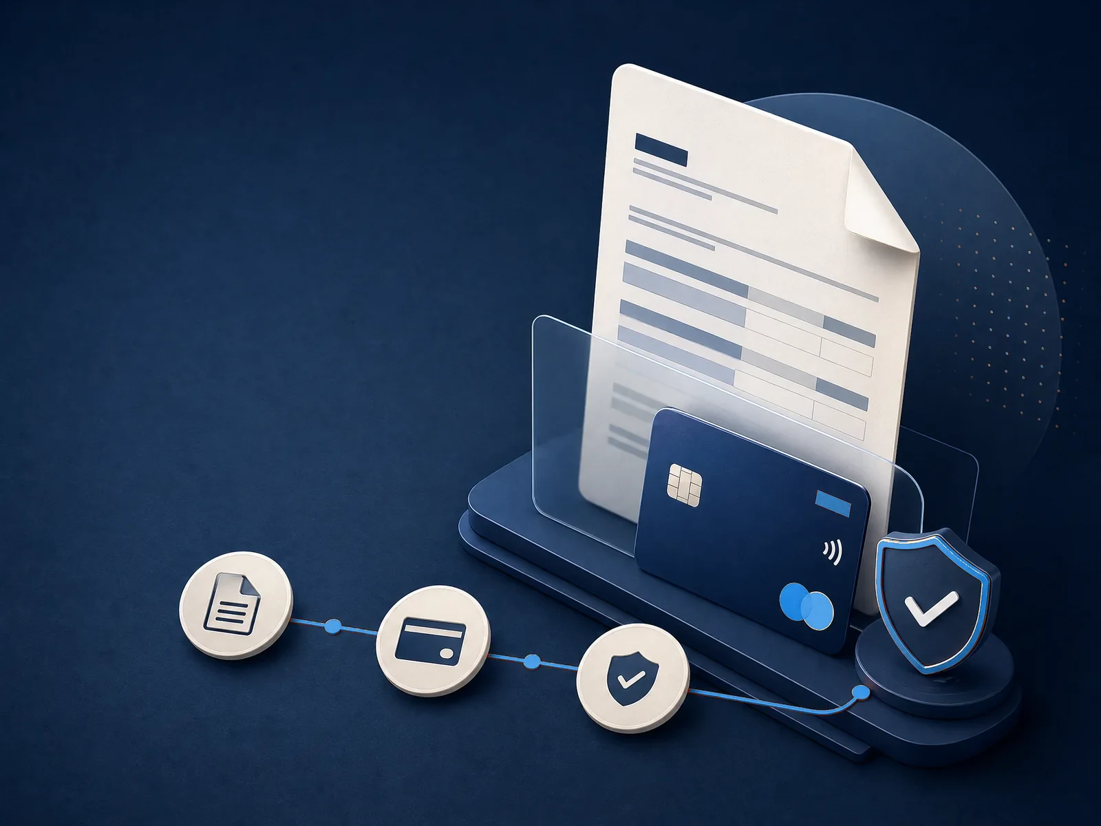 Illustrazione di un modello fiscale, una carta e uno scudo di sicurezza